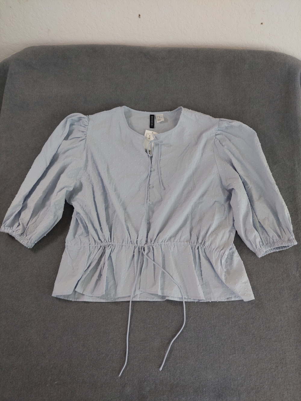 NWT H&M Divided Swiss Dot Puff Sleeve Blouse Light Blue Peplum Top XL Cotton - Picture 2 of 7